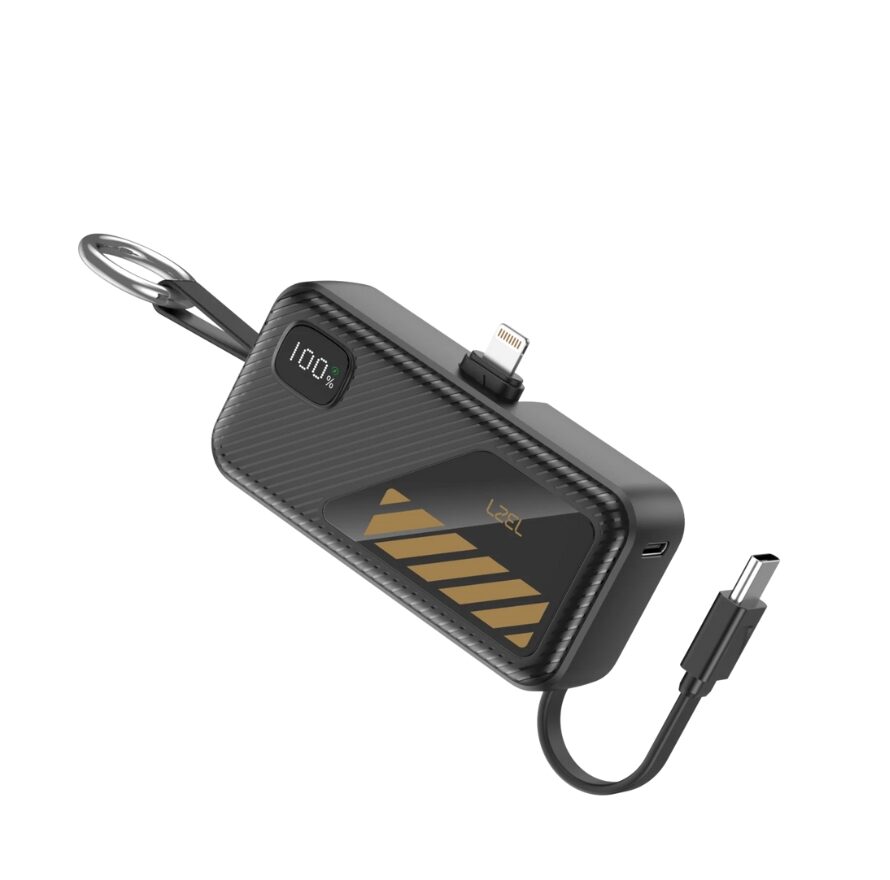 NFC5LCB Lzel Nanoflux Charger Mini 5000mAh PD Lightning Power Bank With Built-In Type-C Cable - Black - Image 1
