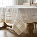 Luxury Tablecloth 220 cm – Ivory with Beige Gold Woven Lines - Image 4