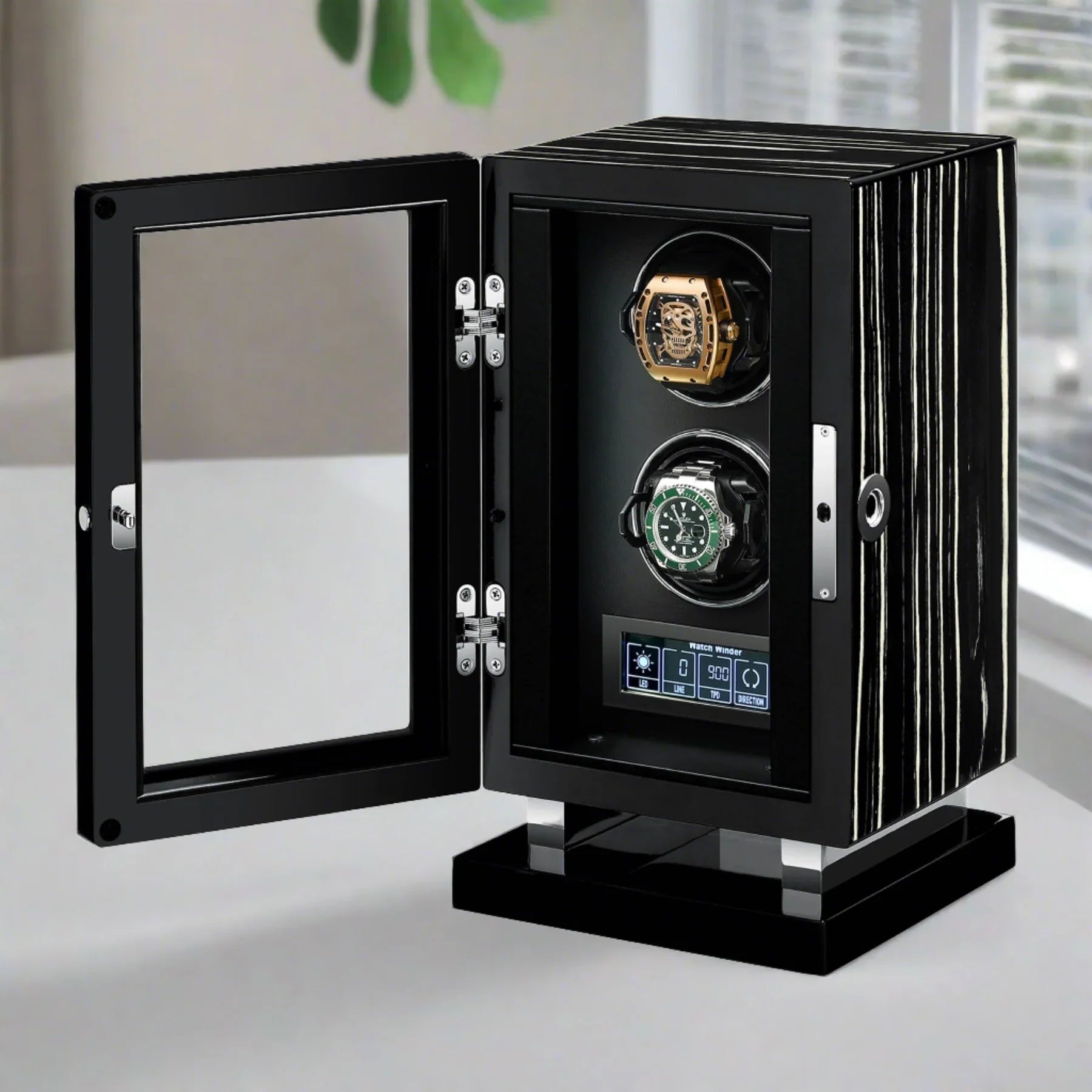 Premium-2-Watch-Winder-in-Zebrano-Ebony-Wood-Piano-Lacquer-by-Aevitas-2.jpg Luxury Automatic Rotating 2-Watch Winder Box - Image 1