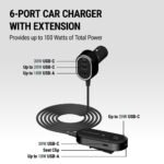 Scosche 100W Multi Port Travel Car Charging Hub 6 Port - Front & Back Seat USB-C & USB-A Charger - Image 4
